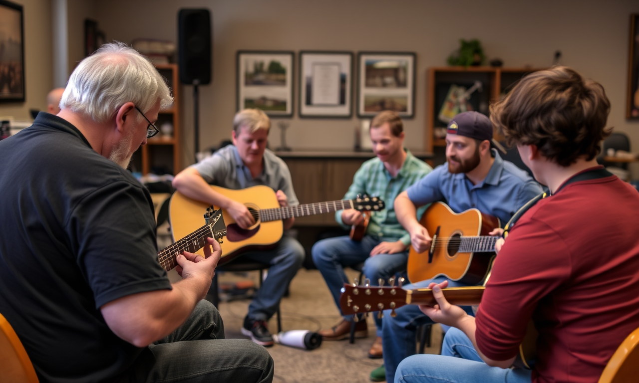 Fingerstyle guitar workshop with instructor demonstrating technique