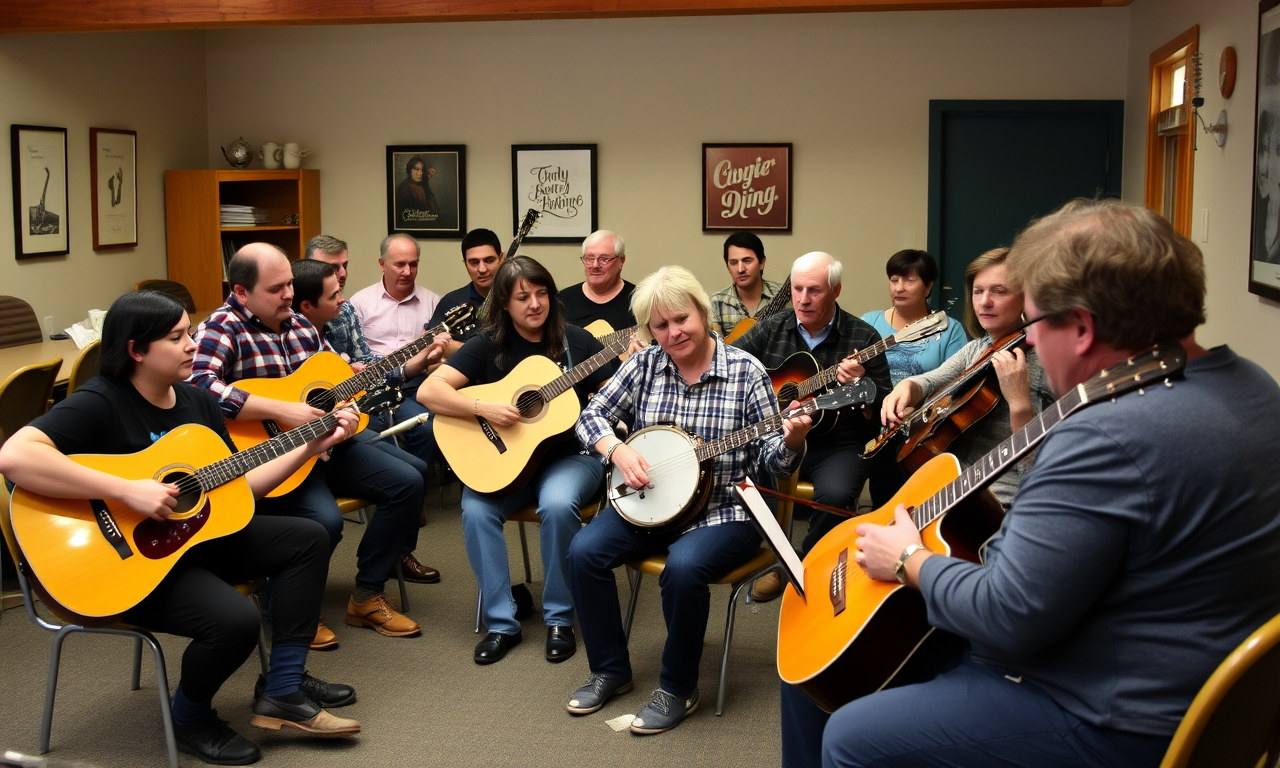 Traditional folk music instruments and students learning